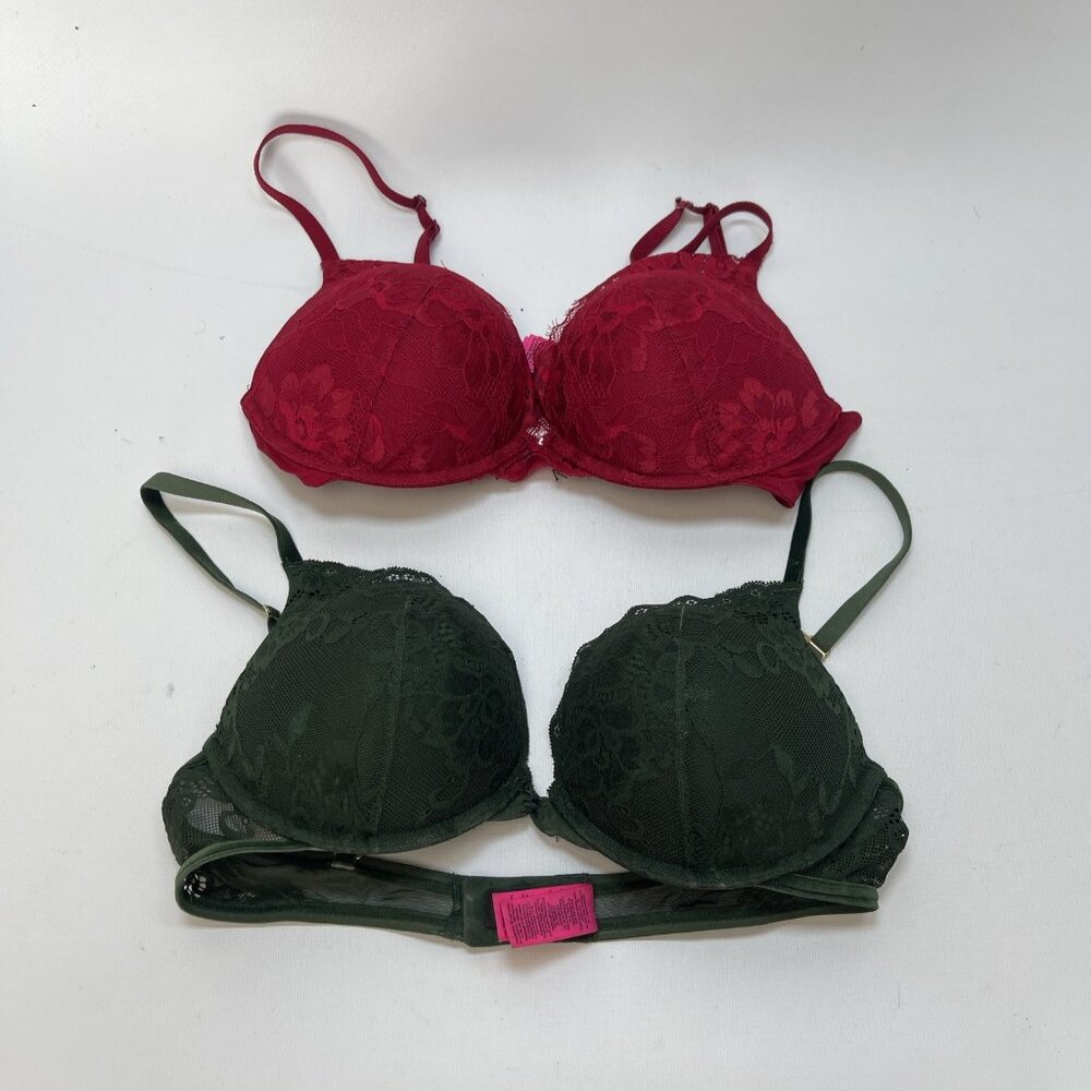 Lot x2 LA SENZA Hello Sugar Glam Lace Trim Push Up Bras Size 34C Green / Red